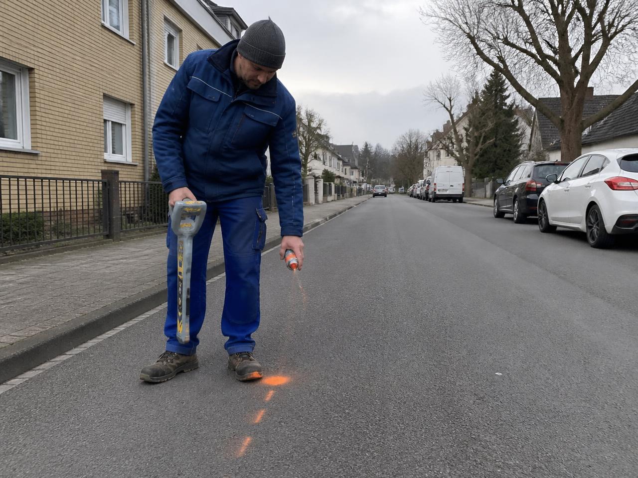 Mitarbeiter ortet mit einem Kabelsuchgerät den Verlauf einer Leitung im Boden
